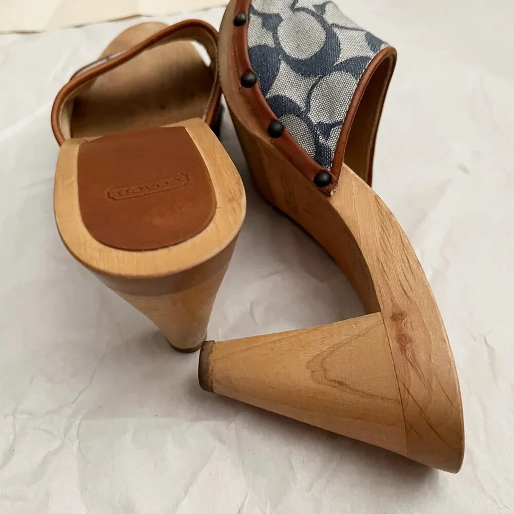 Coach Brenda Logo Wooden Platform Heeled Sandals Sz 7 Blue Made in Italy - Picture 3 of 12